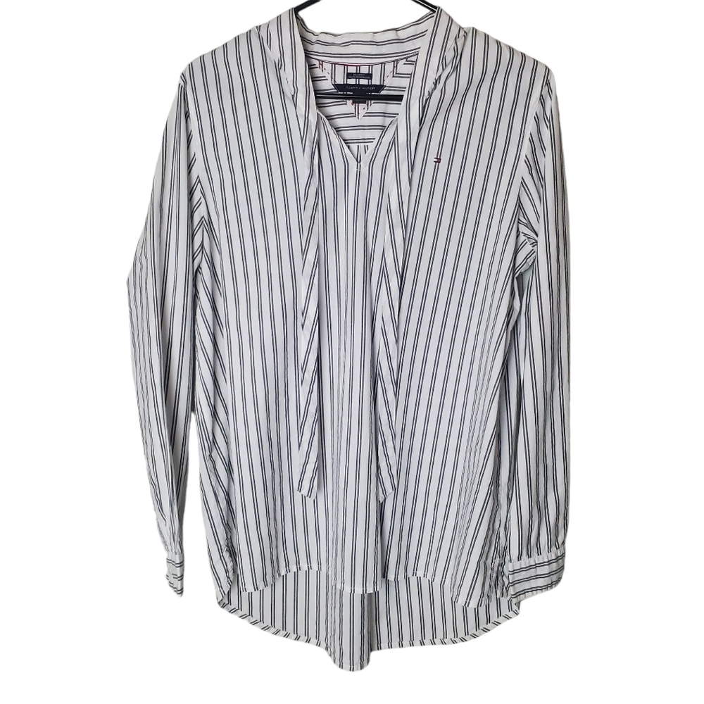 Tommy Hilfiger Size L Cotton Long Sleeve Blouse Striped V Neck White Gray